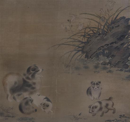 A 19th century Japanese painting on silk of a dog with puppies, 25 x 25cm